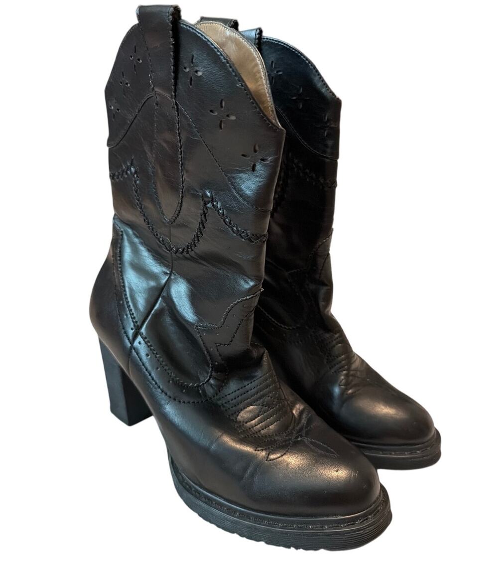 Roper Black Faux Leather Western Heeled Platform Boots Mid-Calf Size US 9